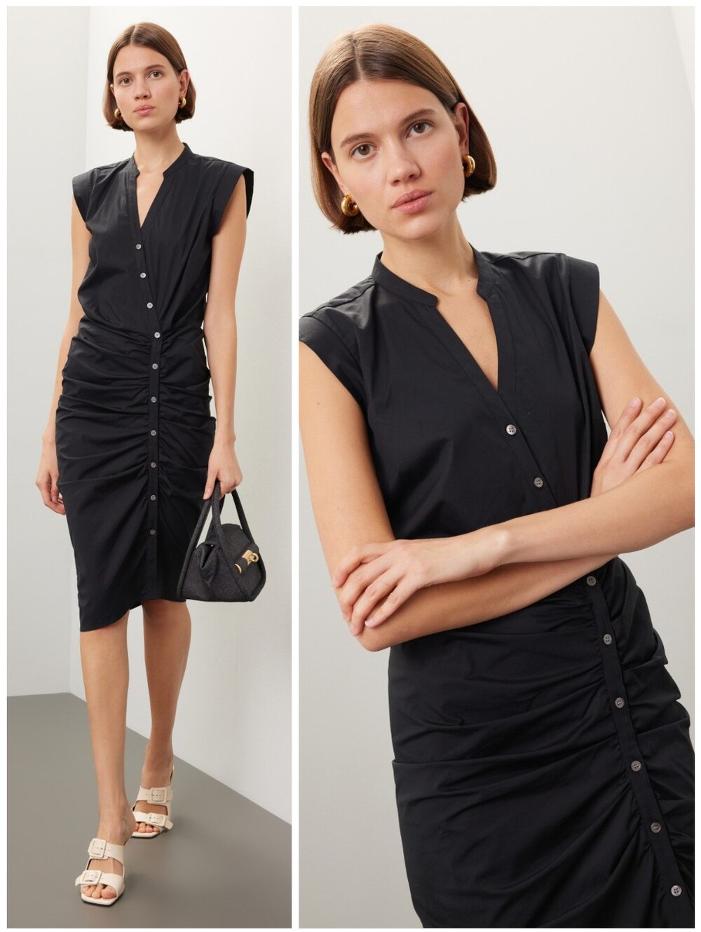 Veronica Beard Cotton Asymmetric Ruched Black Shirt Dress, 6